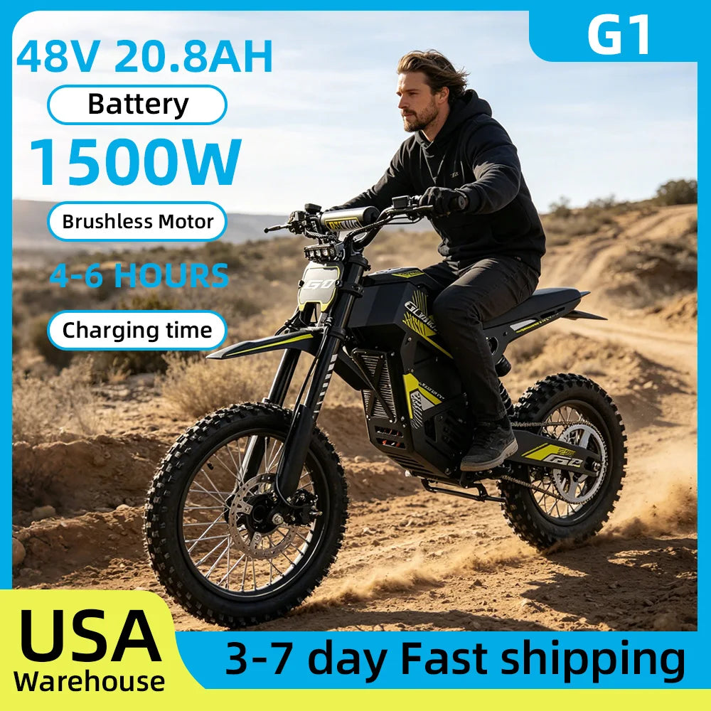 New G1 Electric ebike Dirt Bike 1500W 48V 20.8AH Electric Motorcycle Fat Tire Nitrogen Suspension E Dirt Bike for Teens and Adults