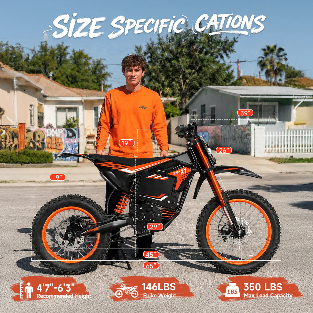 QRONGE X1 Spark L Orange Electric Dirt Bike 4500W Peak Electric Motorcycle 60V 28.8Ah E-Dirt Bike 50MPH 60 Mile Range E-Bike 17"/14"Fat Tire Electric Motorcycle For Mountain Off-Road Adults Teens 1-Year Warranty