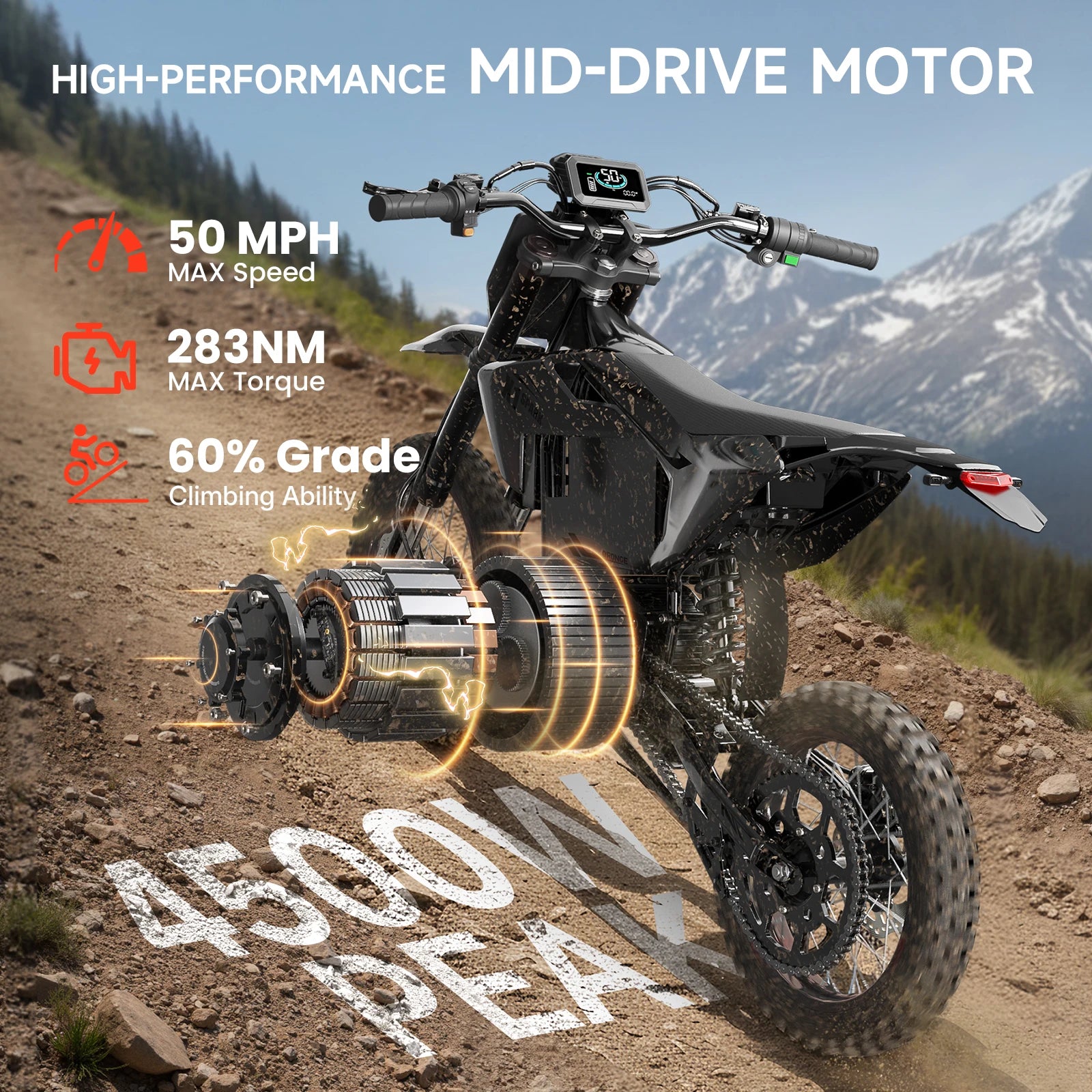 QRONGE X1 Spark Electric Dirt Bike 4500W Peak&Up to 60 Miles 50MPH 60V 28.8Ah Battery E-Bike 14"/12" Fat Tire Electric Motorcycle for Mountain Off-Road Teens Adults + 1 Year Warranty
