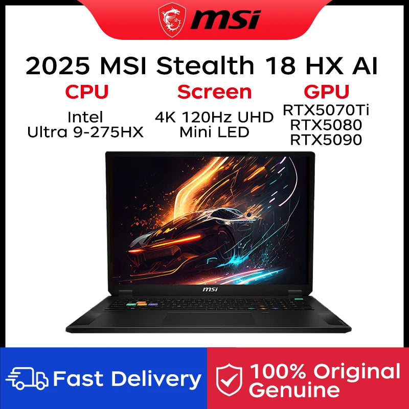 2025 MSI Stealth 18 HX AI Gaming Laptop 18 Inch 4K 120Hz MiniLED Screen Netbook Intel Ultra 9-275HX 64GB 2TB RTX5090 Notebook PC