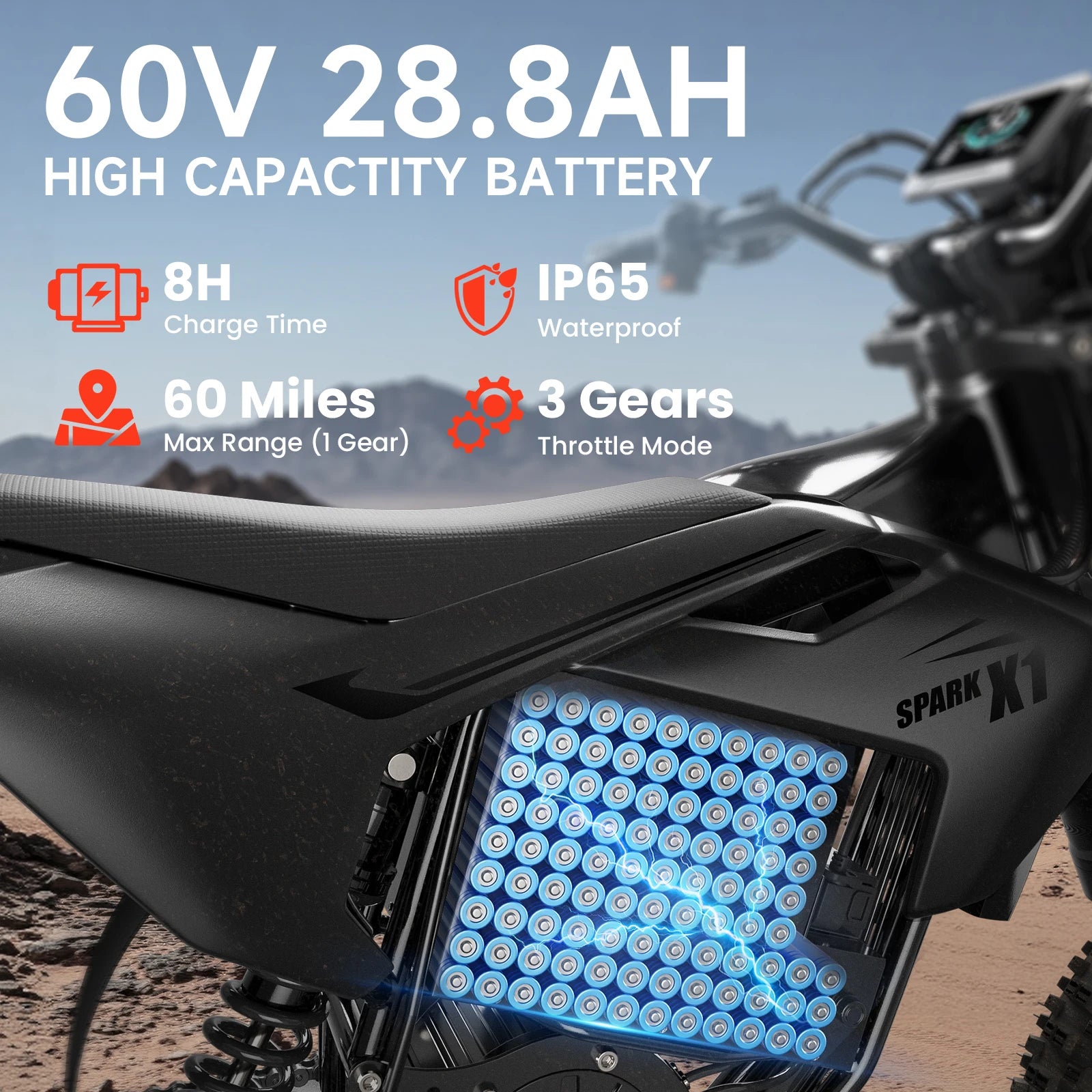 QRONGE X1 Spark Electric Dirt Bike 4500W Peak&Up to 60 Miles 50MPH 60V 28.8Ah Battery E-Bike 14"/12" Fat Tire Electric Motorcycle for Mountain Off-Road Teens Adults + 1 Year Warranty
