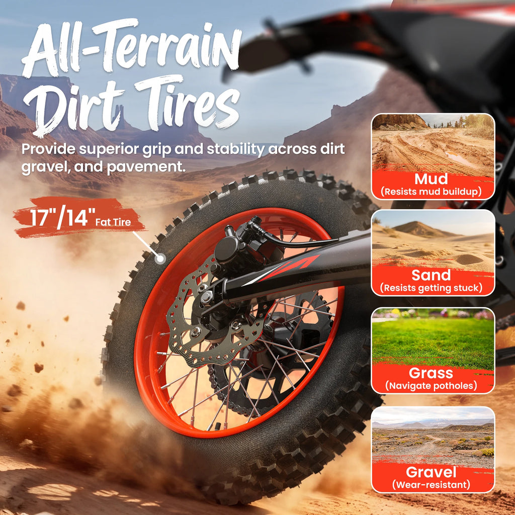 QRONGE X1 Spark L Orange Electric Dirt Bike 4500W Peak Electric Motorcycle 60V 28.8Ah E-Dirt Bike 50MPH 60 Mile Range E-Bike 17"/14"Fat Tire Electric Motorcycle For Mountain Off-Road Adults Teens 1-Year Warranty