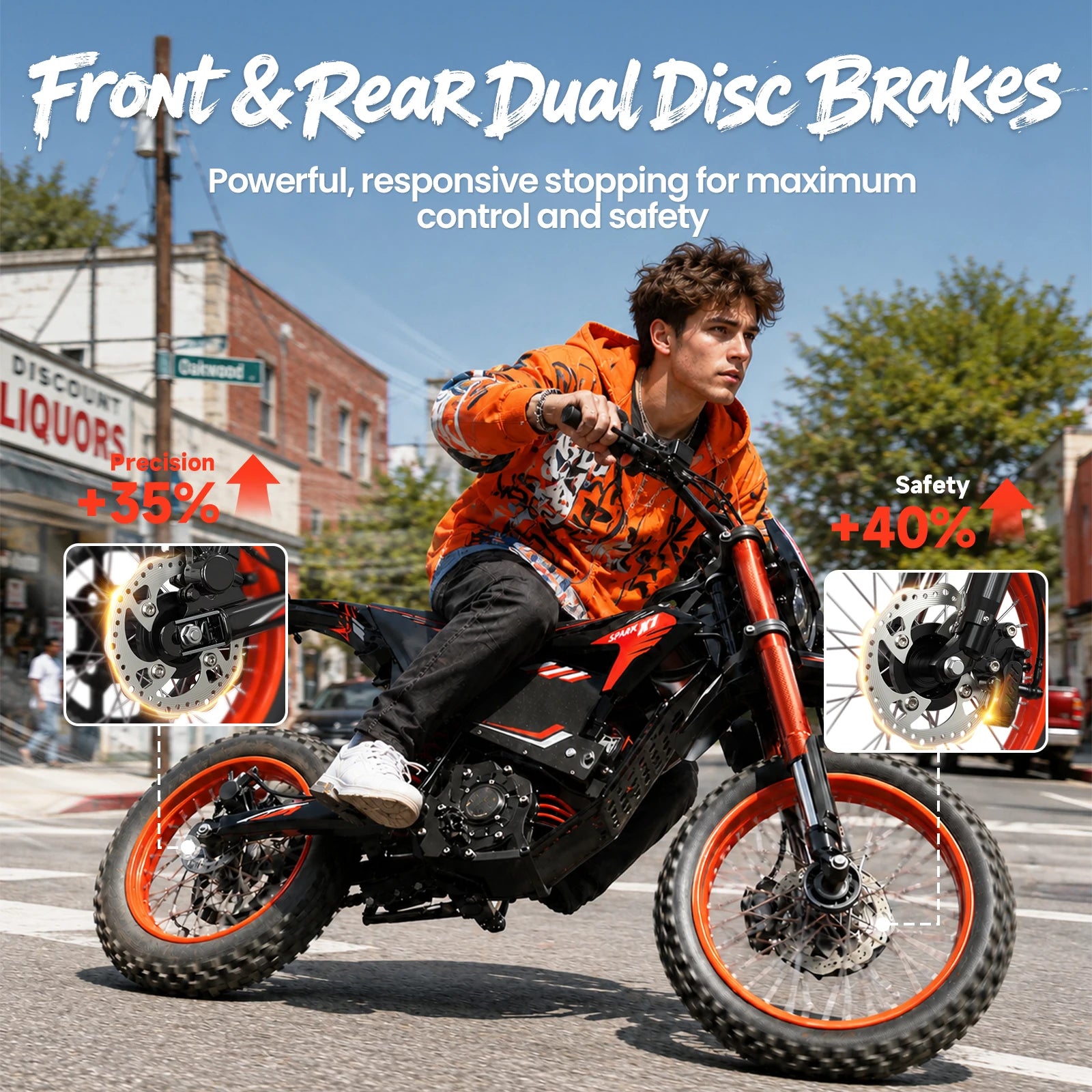 QRONGE X1 Spark L Orange Electric Dirt Bike 4500W Peak Electric Motorcycle 60V 28.8Ah E-Dirt Bike 50MPH 60 Mile Range E-Bike 17"/14"Fat Tire Electric Motorcycle For Mountain Off-Road Adults Teens 1-Year Warranty