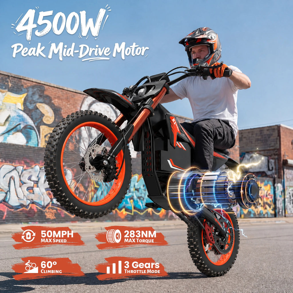 QRONGE X1 Spark L Orange Electric Dirt Bike 4500W Peak Electric Motorcycle 60V 28.8Ah E-Dirt Bike 50MPH 60 Mile Range E-Bike 17"/14"Fat Tire Electric Motorcycle For Mountain Off-Road Adults Teens 1-Year Warranty